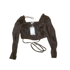 NWT Chelsea & Violet Womens Sz 2 Black Long‎ Sleeve Ruched Cropped Tie Wrap Top